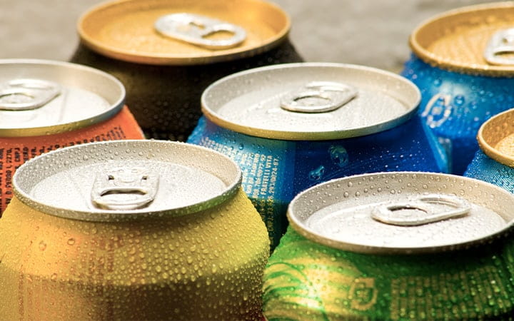 A variety of soda cans